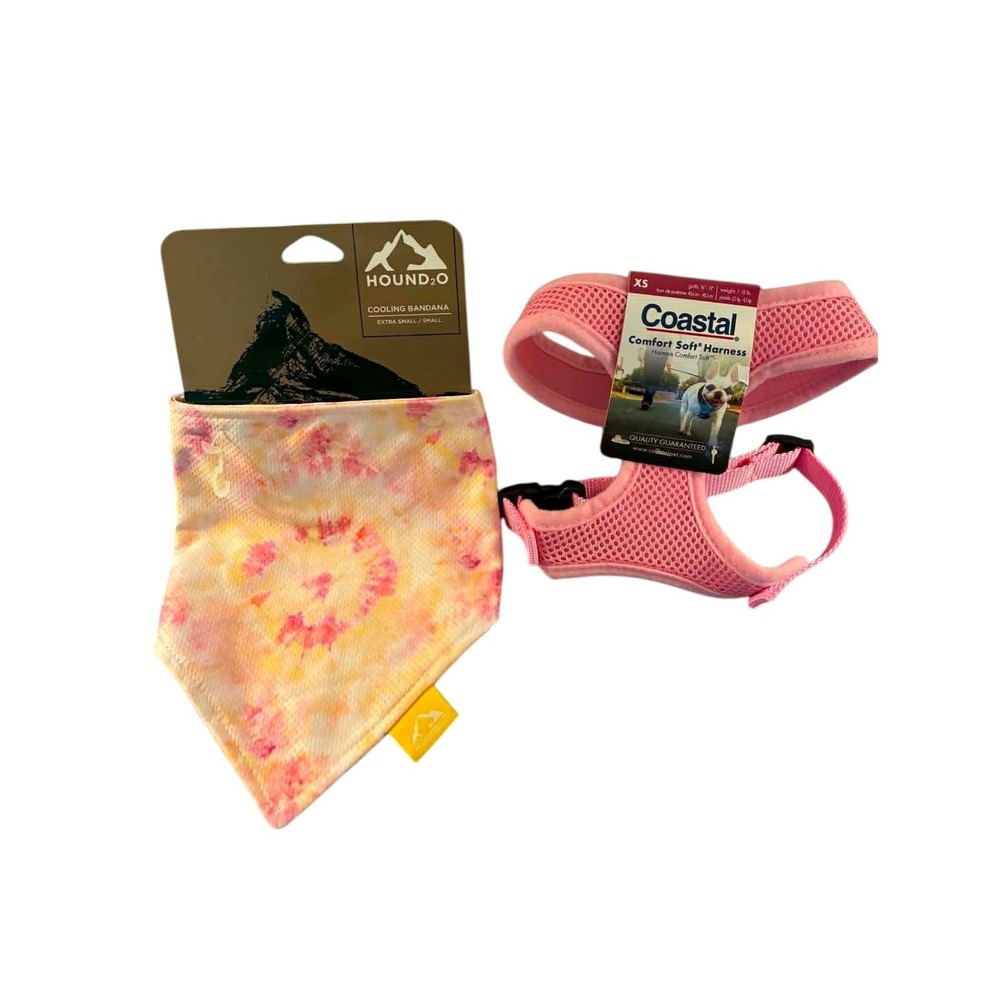 Coastal & Hound2O Dog Harness and Cooling Bandana Set XS Pink Tie Dye NEW